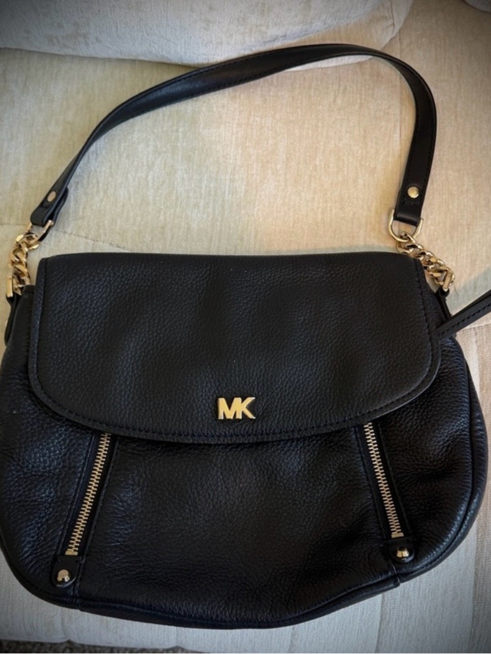 Michael Kors Black Leather Shoulder Bag with Gold MK Accent